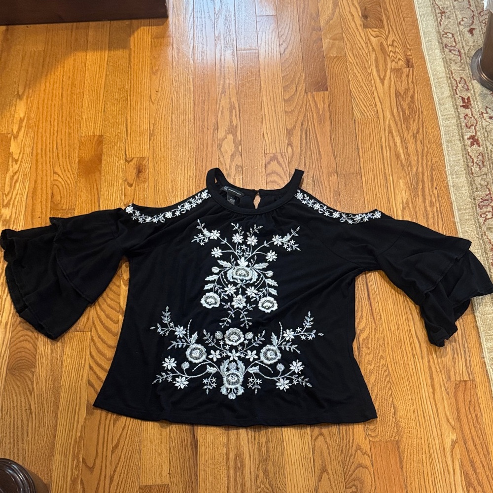 INC International Concepts Black Top with White Floral Design